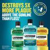 Three LISTERINE® Antiseptic Mouthwash bottles, 1L each with a statement ‘Destroys 5X more plaque above the gumline than floss’ and a logo about ‘Brush, Floss, Swish’