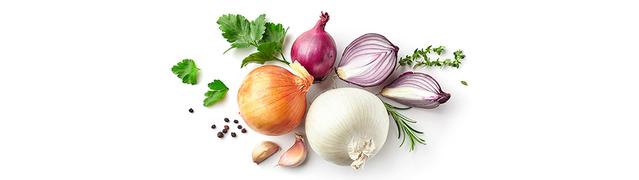 Listerine's reasons for bad breath - flatlay of onion and garlic bulbs