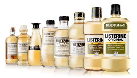 Listerine old fashion product bottles line up